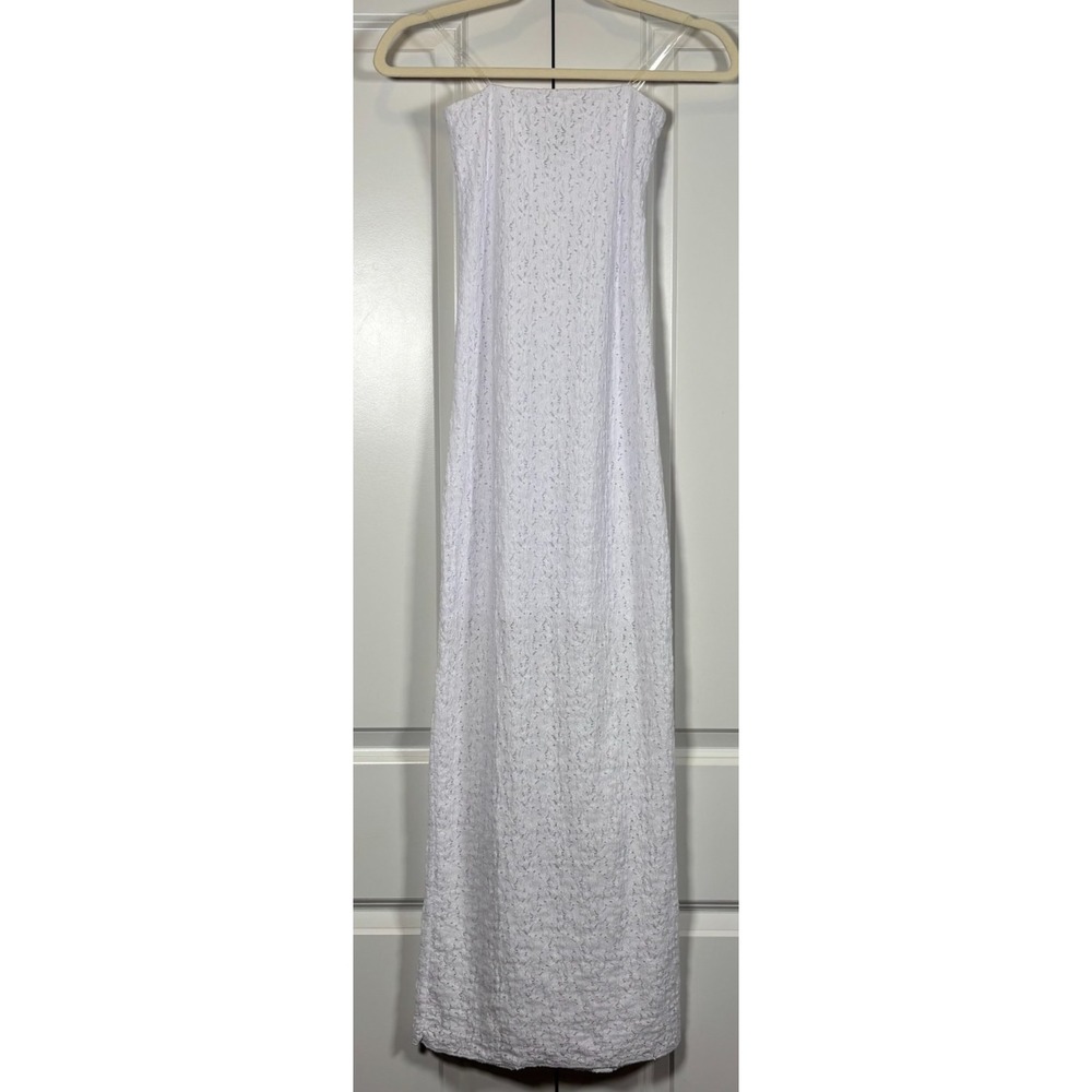 NWT Streetwear Society Womens Maxi Dress White Strapless Side Slit Clear Strap S